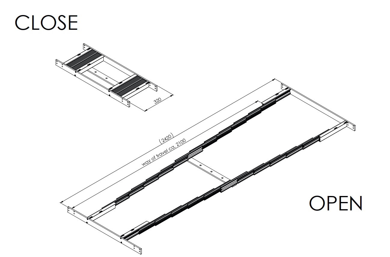 Technische Skizze zu ALU CLASSIC GLIDE 55 Flexible Tischlängen Teleskopfunktion bis 2,5 m