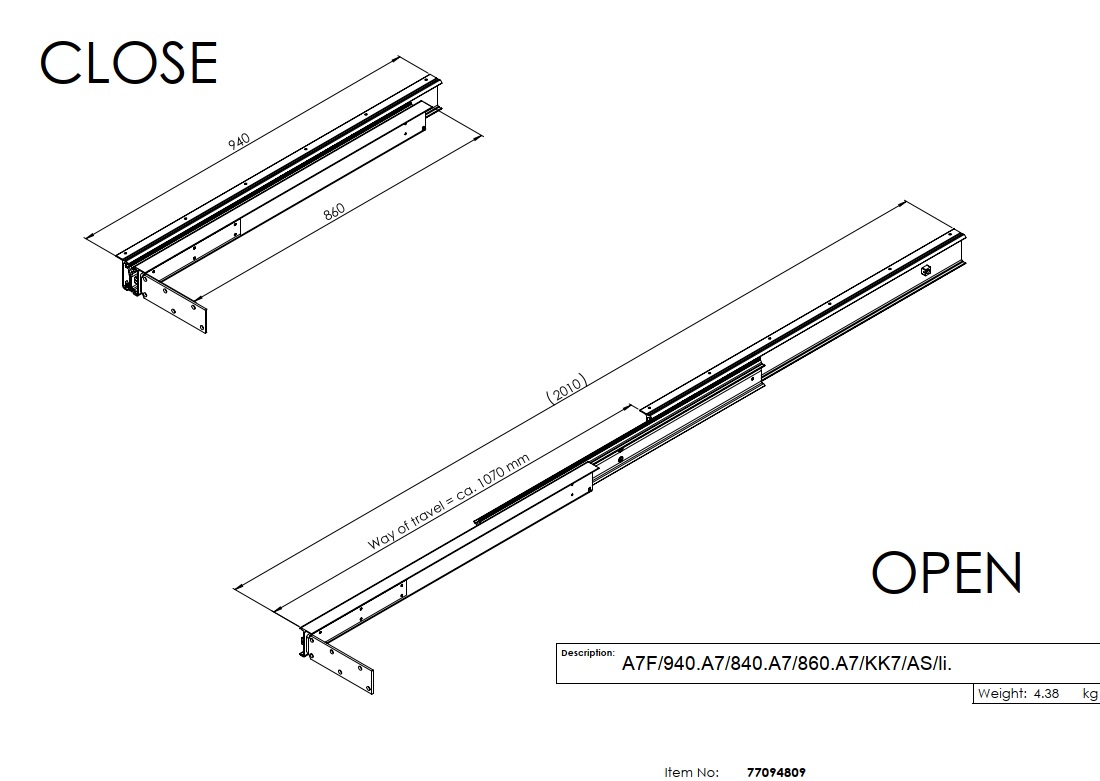 Technische Skizze zu Alu77 Frontslide - Tischauszug in verschiedenen Längen