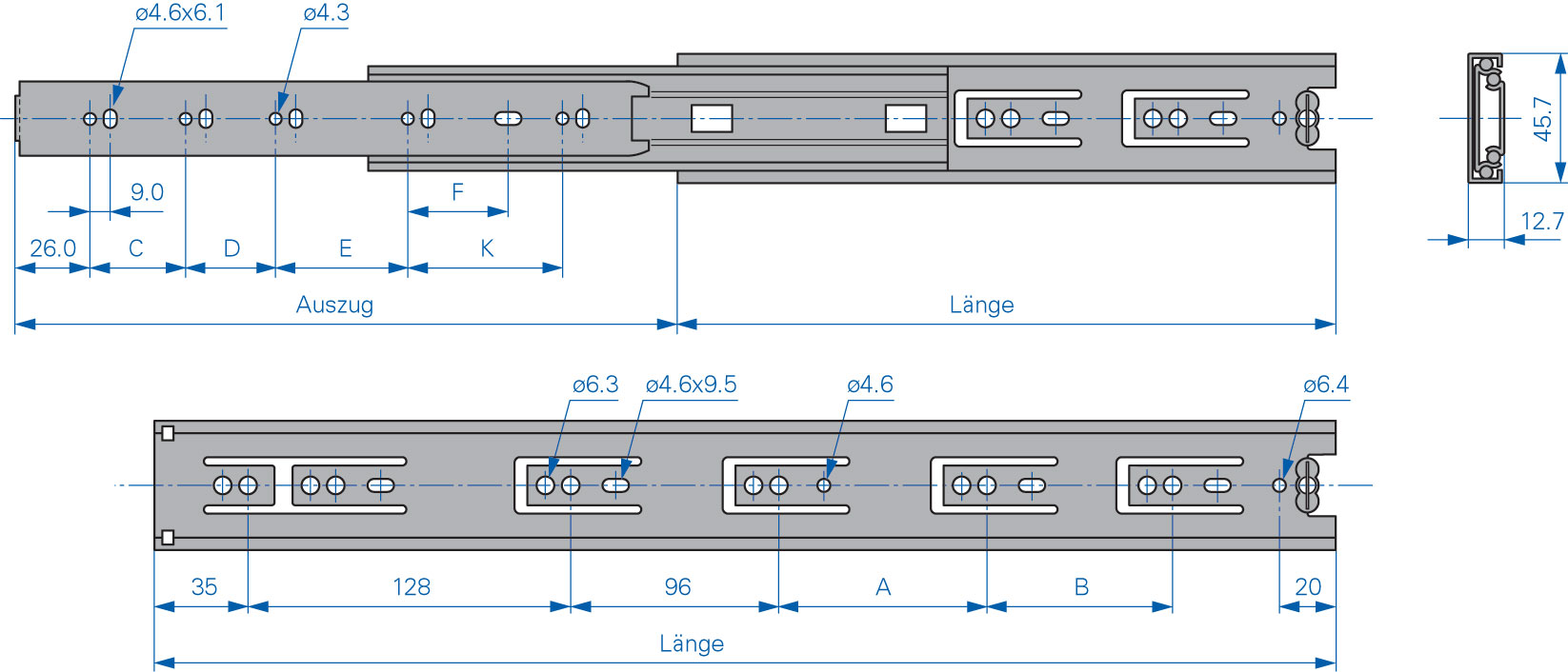 Technische Skizze zu Lagerschiene PS1245 - 12,7 x 45,7 mm - bis 45 kg